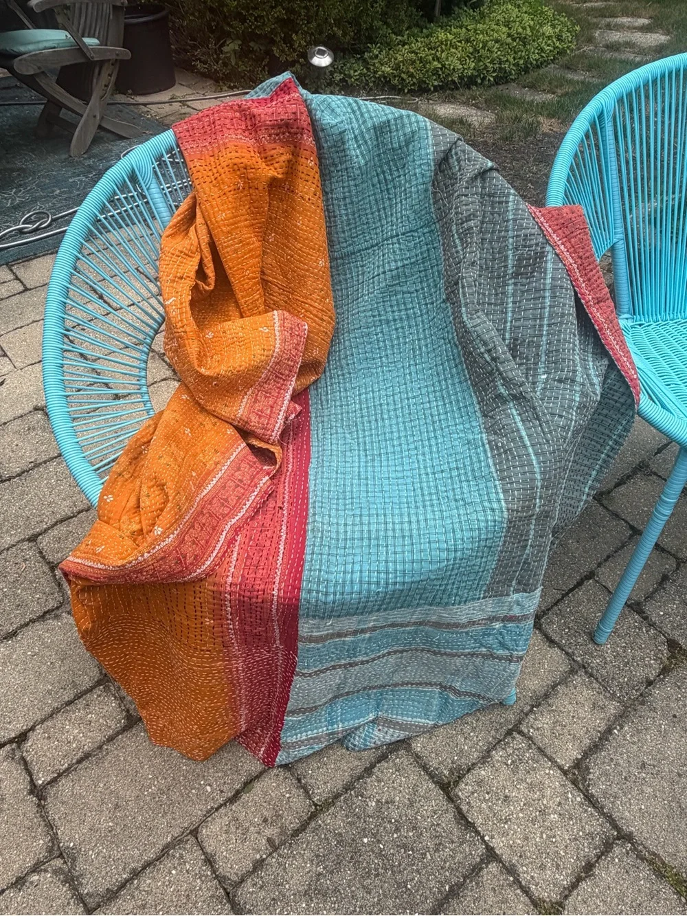Colorblock Kantha Bedspread - Orange, Teal, blue